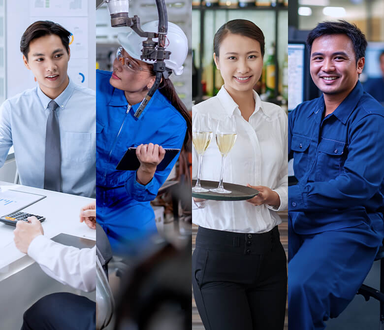Worker Netのオフィスワーカー、工場作業員、接客業スタッフ、CADオペレーターの4人の外国籍労働者が、九州で活躍する様子